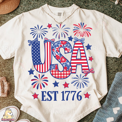 a t - shirt that says usa with fireworks on it