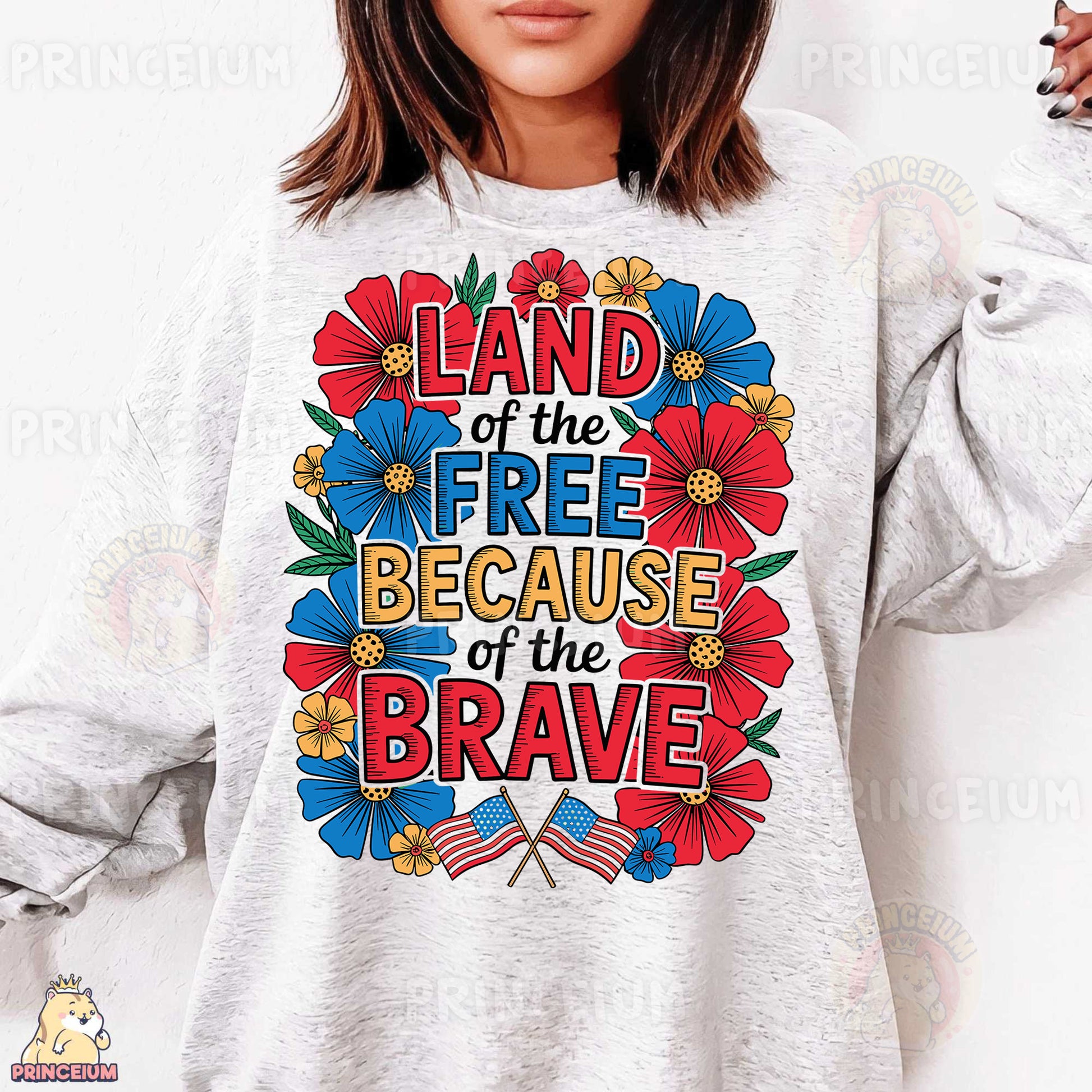 a woman wearing a sweatshirt that says land of the free because of the brave
