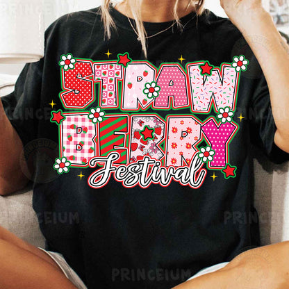 a woman sitting on a couch wearing a t - shirt with the words straw berry