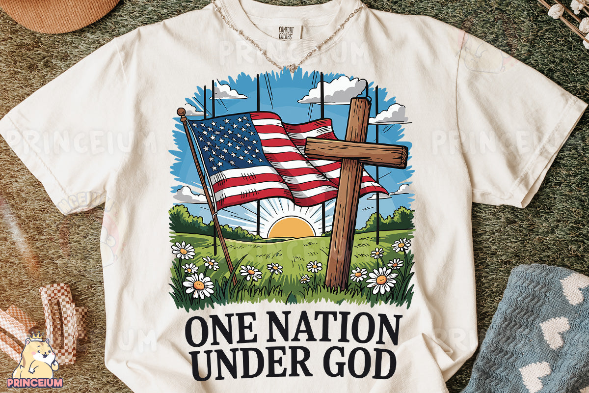 a t - shirt with a cross and an american flag on it