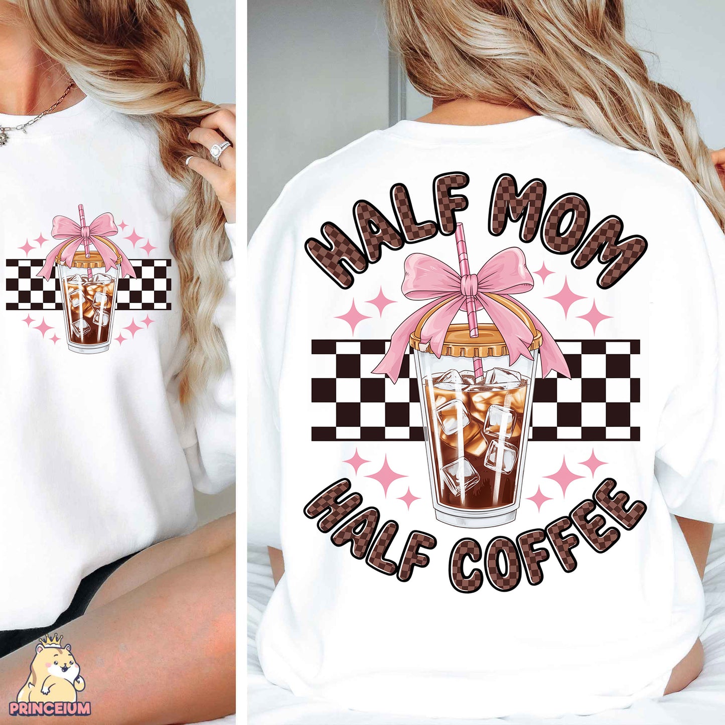 a woman wearing a white shirt with a pink bow around her neck