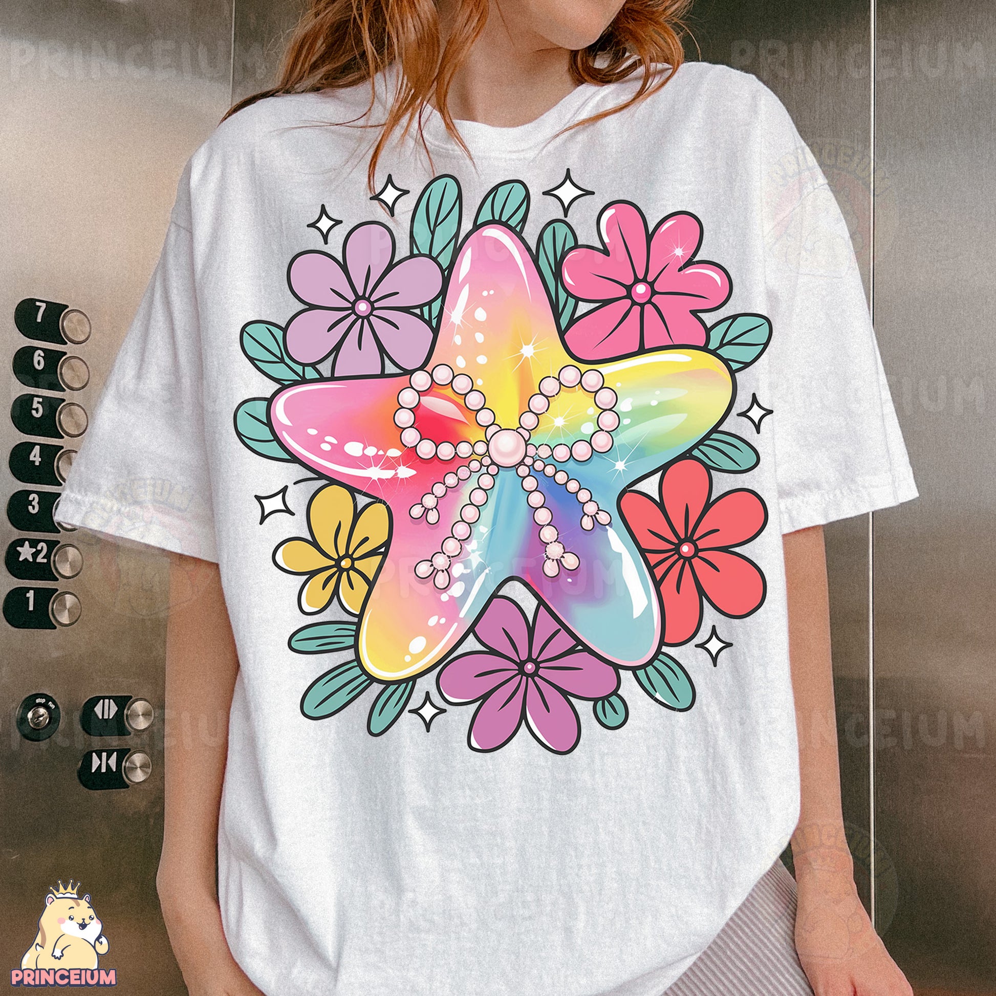 a woman wearing a t - shirt with a starfish on it