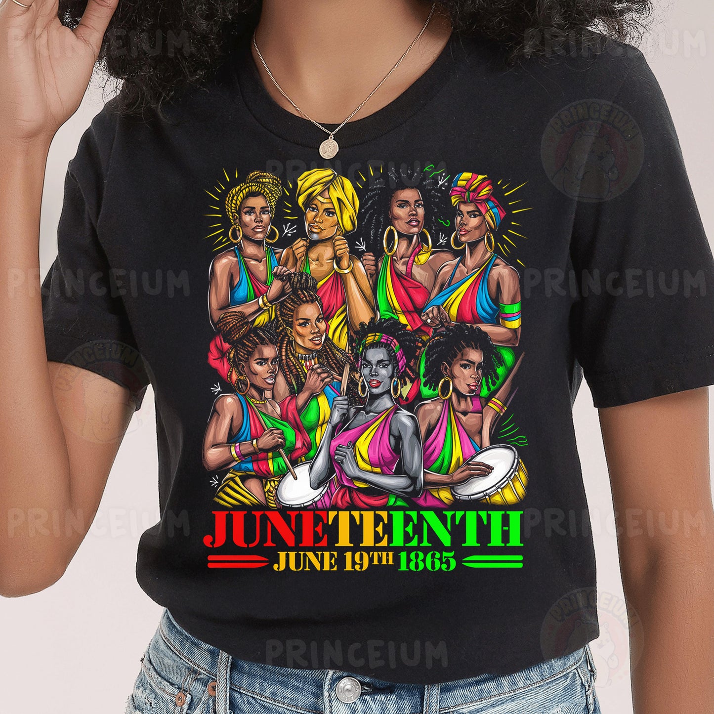 a woman wearing a black shirt with a bunch of women on it