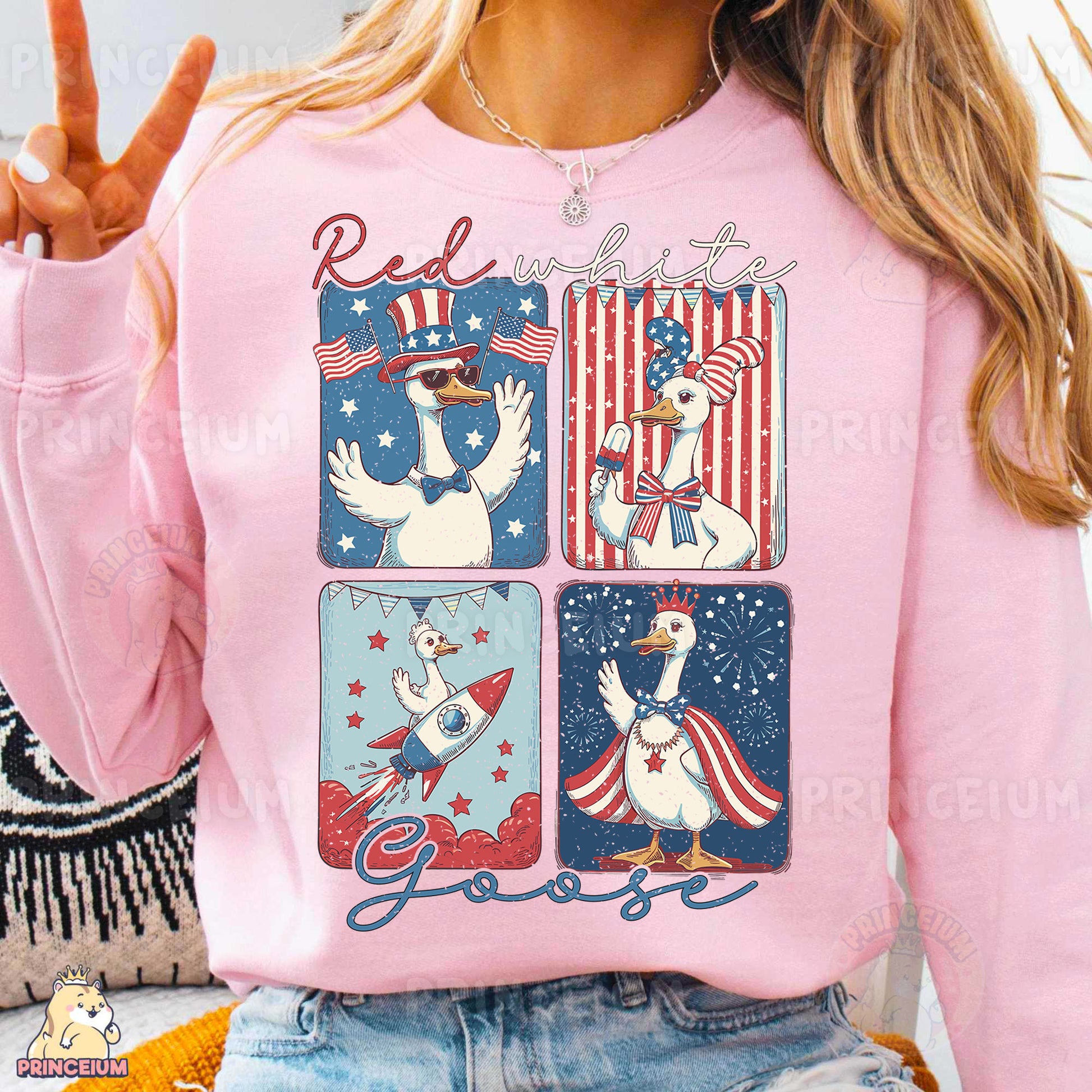 a woman wearing a pink shirt with patriotic images on it