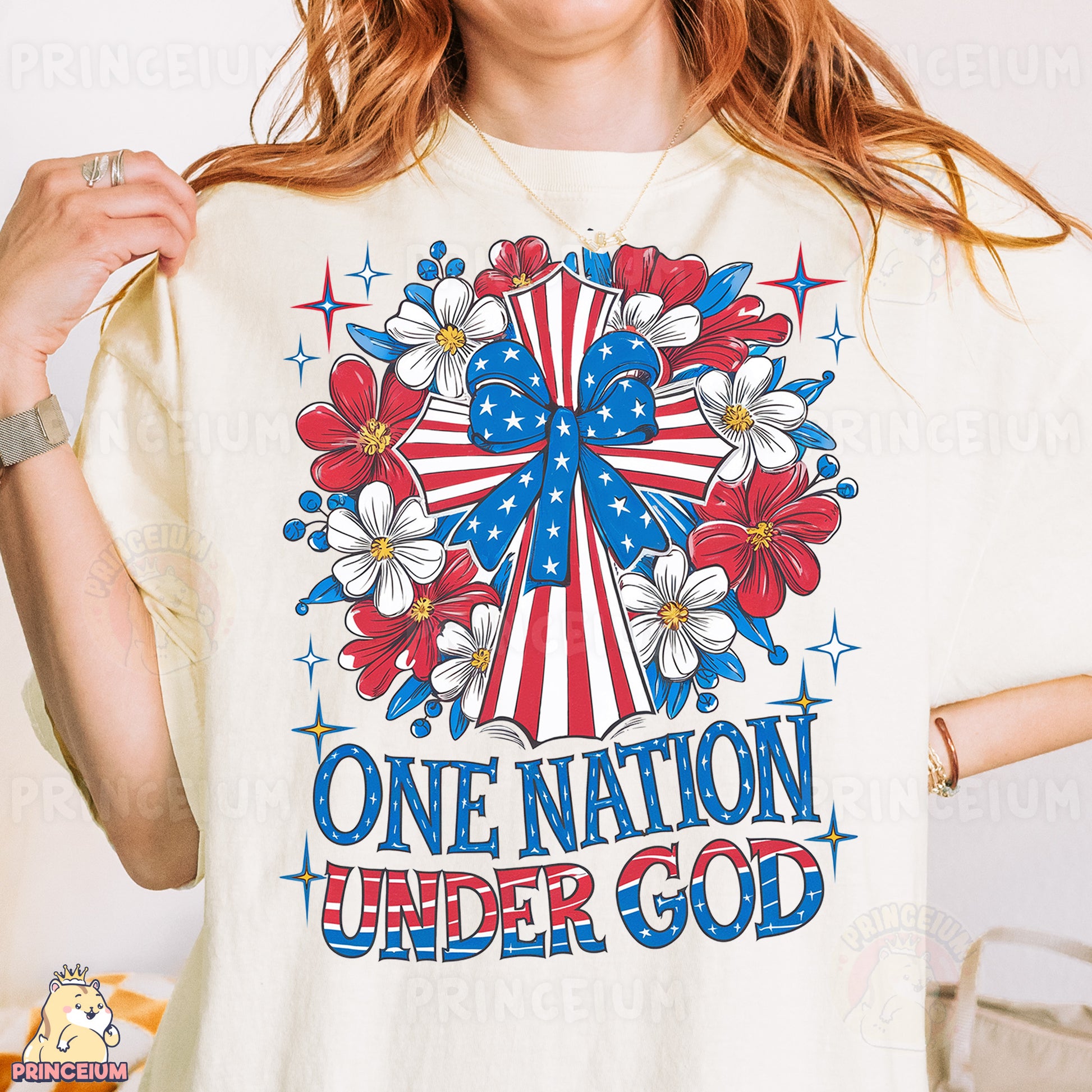a woman wearing a one nation under god t - shirt