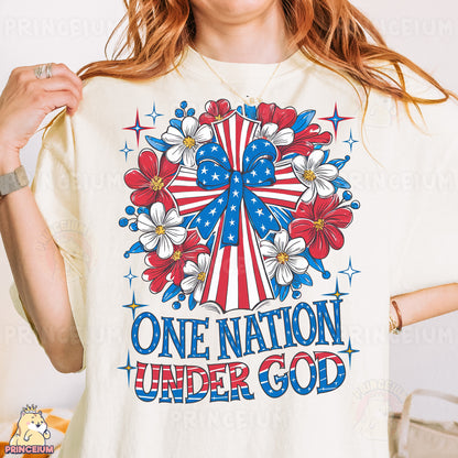 a woman wearing a one nation under god t - shirt