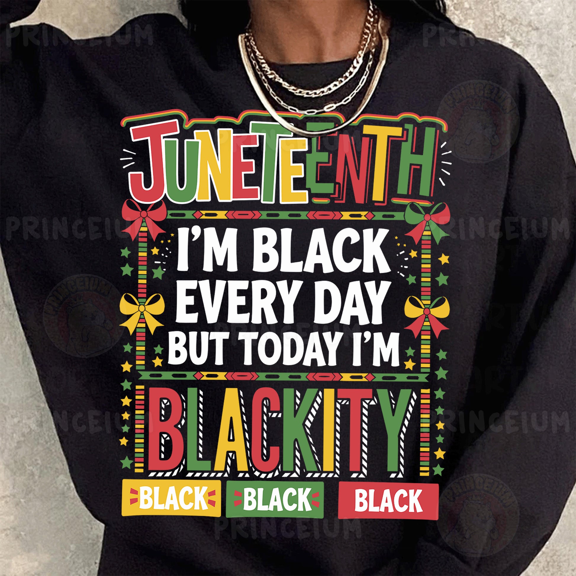 a woman wearing a black sweatshirt with the words black on it