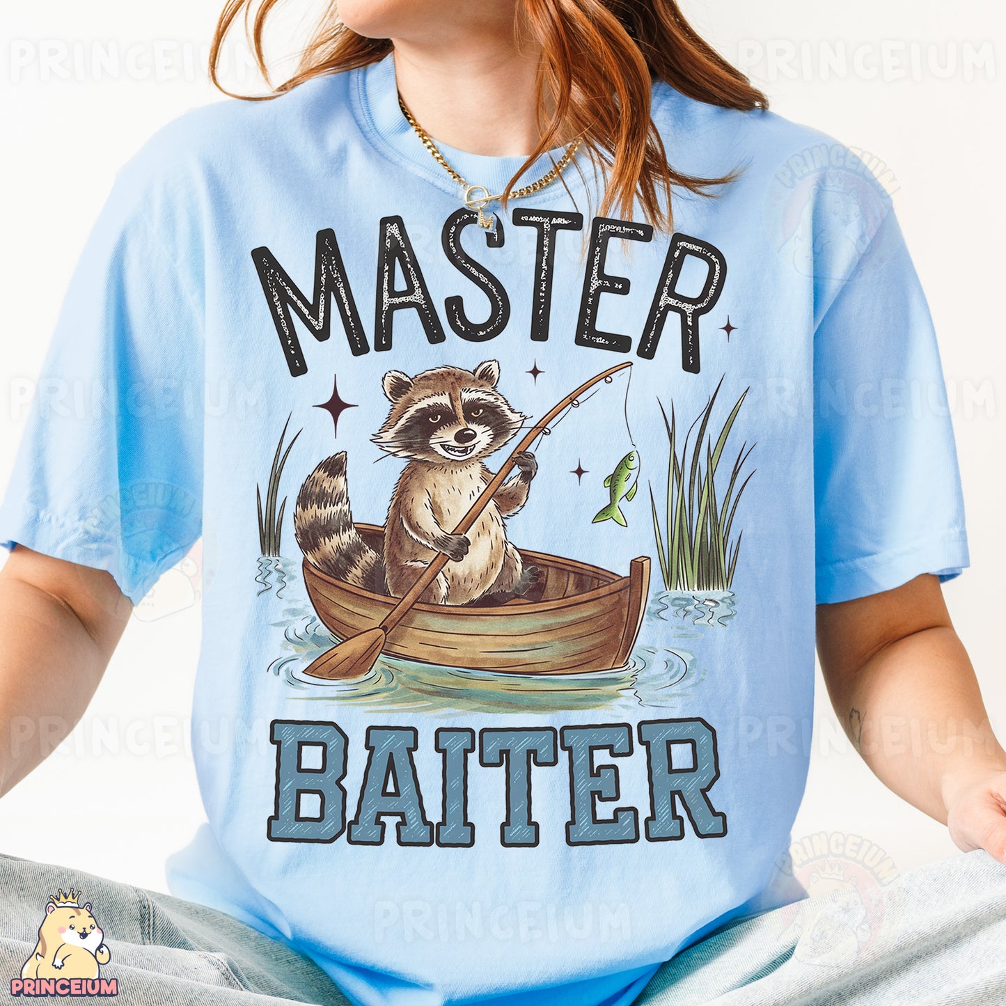 a woman wearing a blue shirt with a raccoon on it