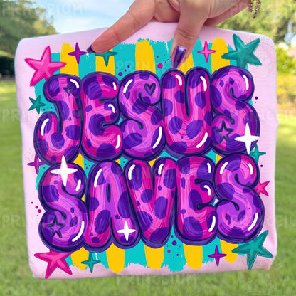 Jesus Saves Sublimation Design PNG | Colorful Leopard Print Christian Digital Download