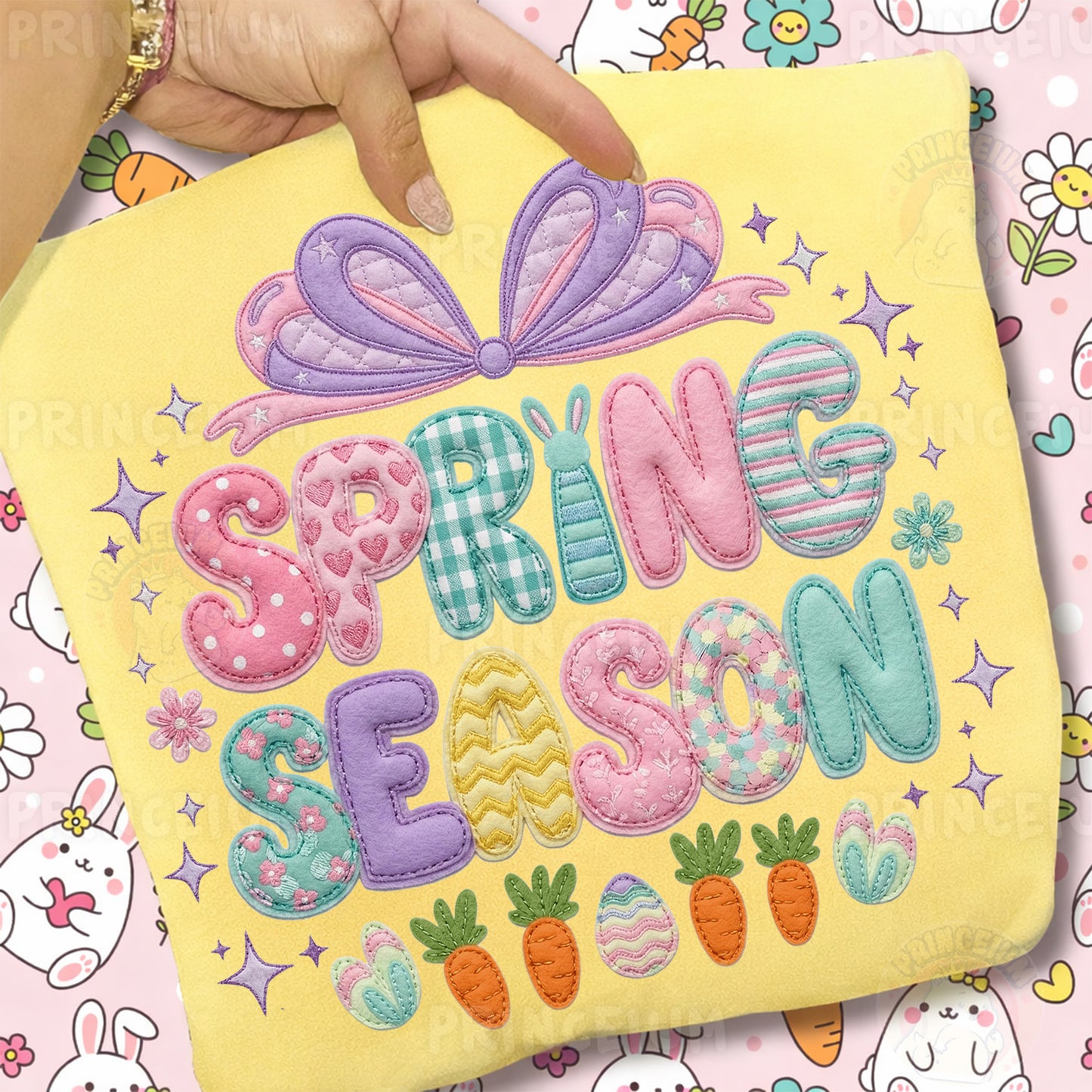 Spring Season PNG, Cute Patchwork Bow Bunny Lettering, Pastel Easter Clipart Design