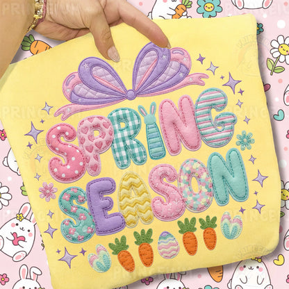Spring Season PNG, Cute Patchwork Bow Bunny Lettering, Pastel Easter Clipart Design