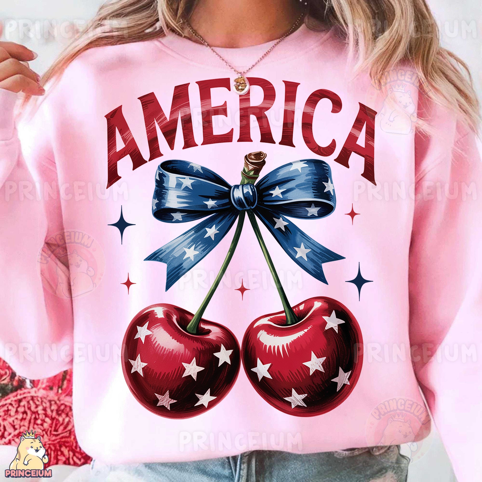 a woman wearing a pink sweatshirt with two cherries on it