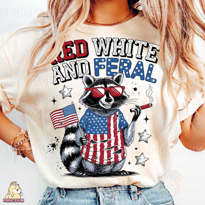 a woman wearing a t - shirt with a raccoon holding an american flag