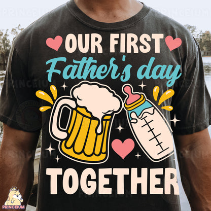a man wearing a t - shirt that says our first father's day together