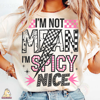 a woman wearing a t - shirt that says i'm not mean i '