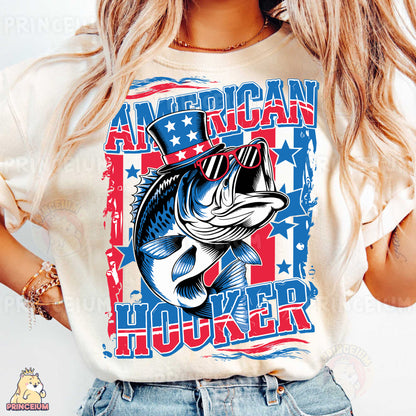 a woman wearing an american hooked up t - shirt