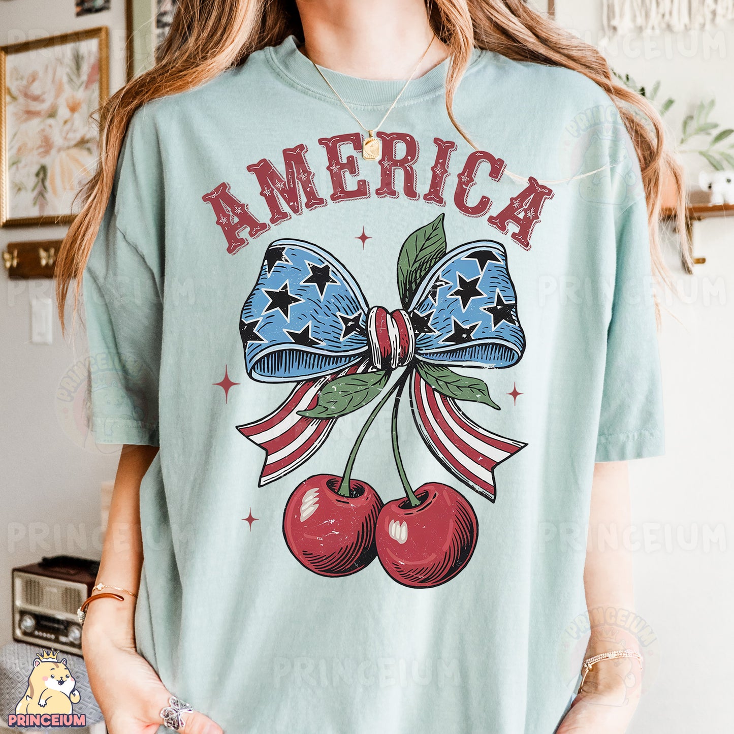 a woman wearing a t - shirt with a bow and two cherries on it