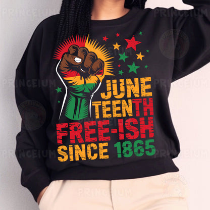 a woman wearing a black sweatshirt with a fist on it