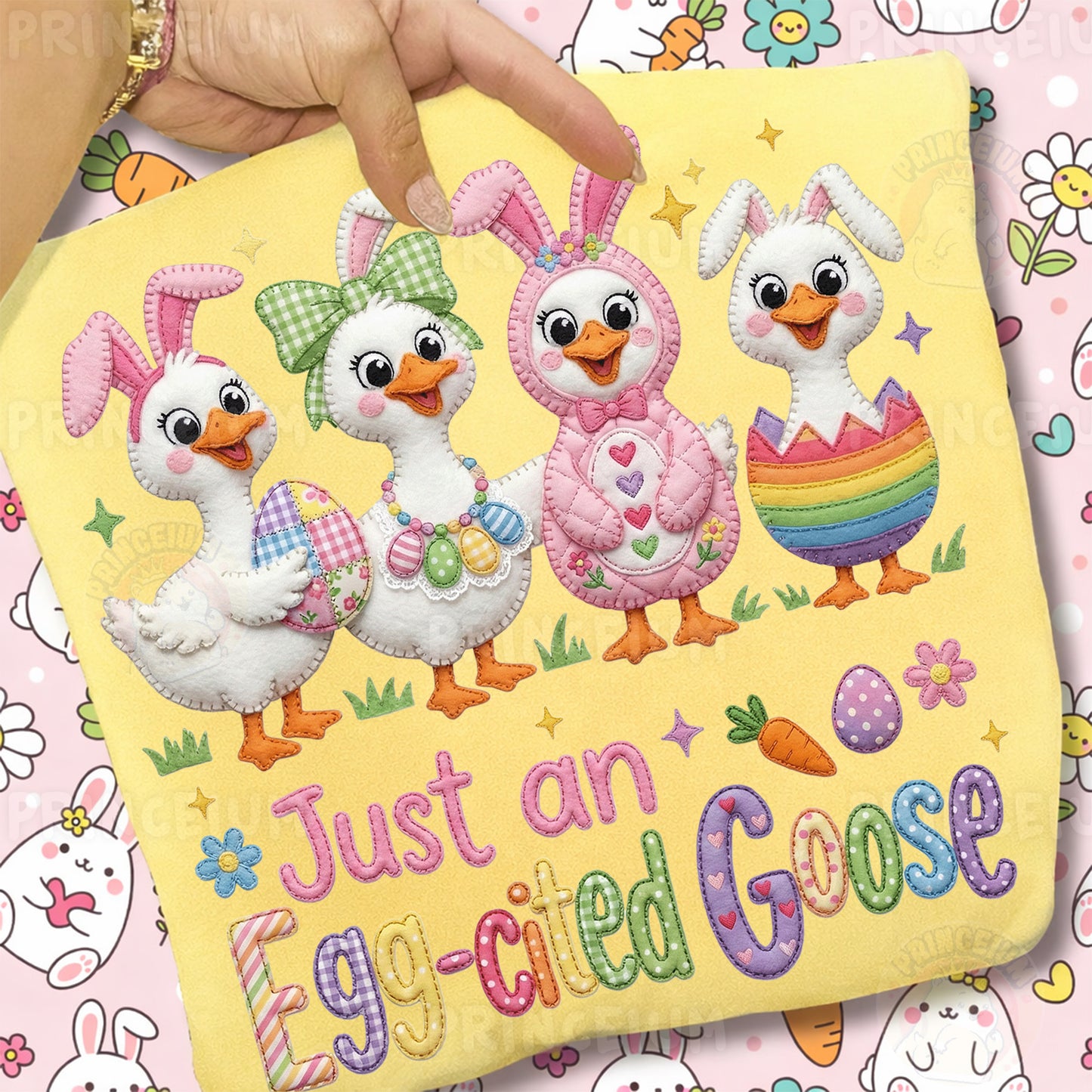 Just an Egg-cited Goose PNG, Cute Easter Ducks in Bunny Costumes, Funny Patchwork Spring Clipart