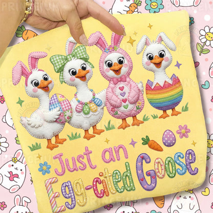 Just an Egg-cited Goose PNG, Cute Easter Ducks in Bunny Costumes, Funny Patchwork Spring Clipart