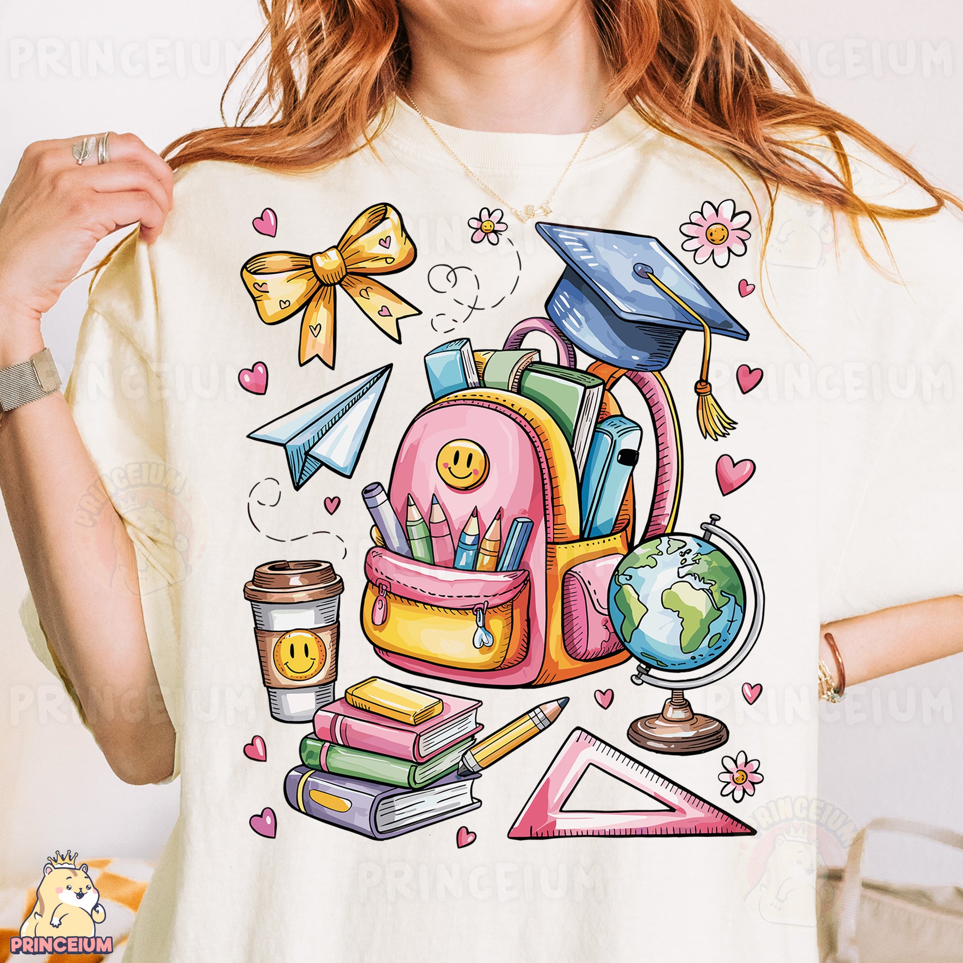 a woman wearing a t - shirt with a picture of a backpack on it