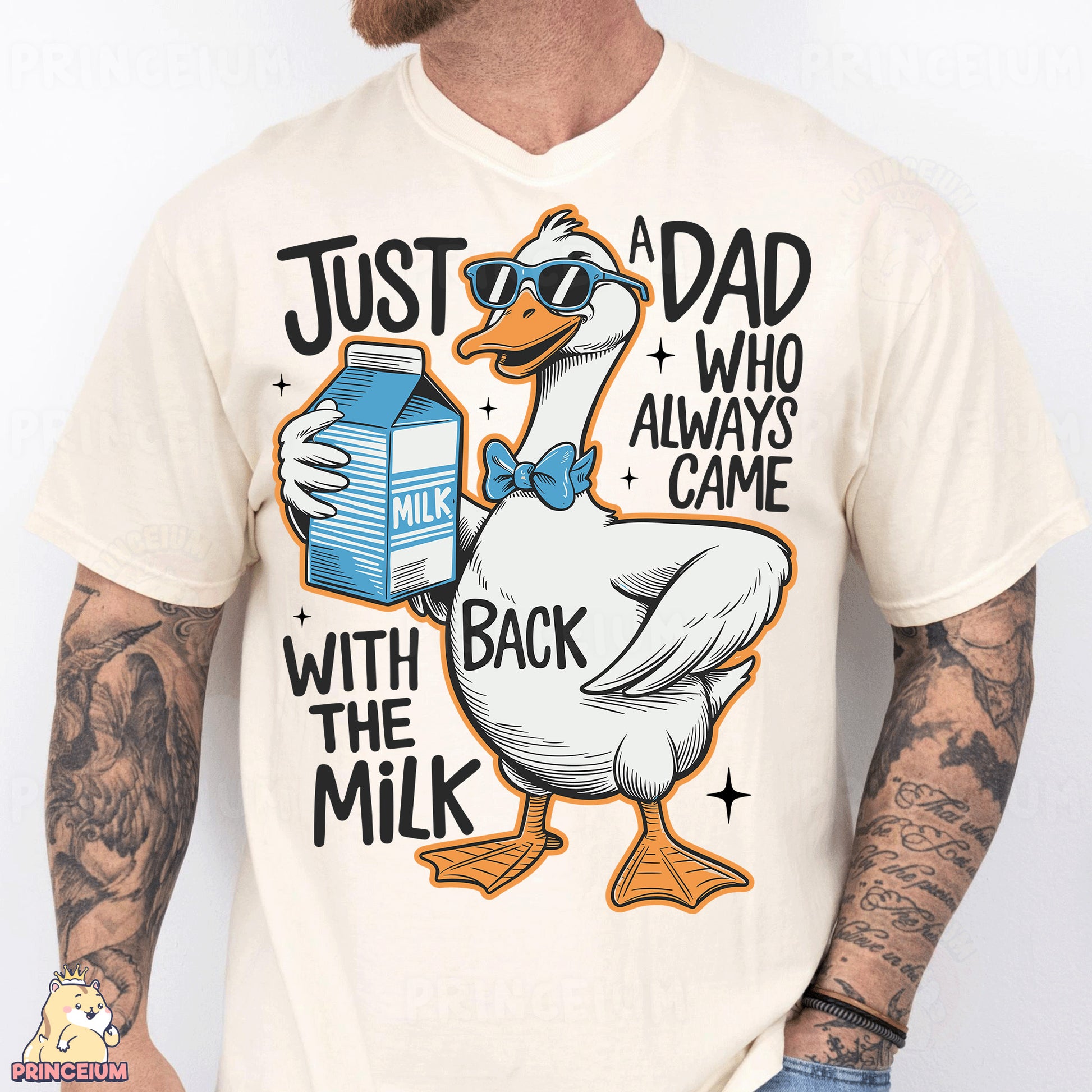 a man wearing a t - shirt with a duck holding a milk carton