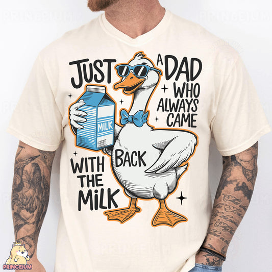 a man wearing a t - shirt with a duck holding a milk carton