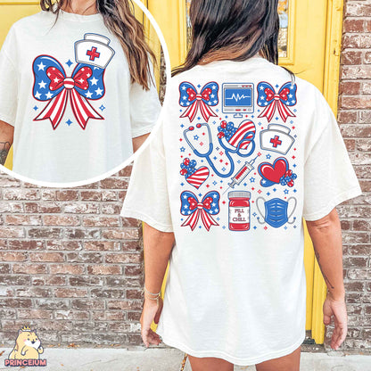 a woman wearing a white shirt with red, white, and blue designs on it