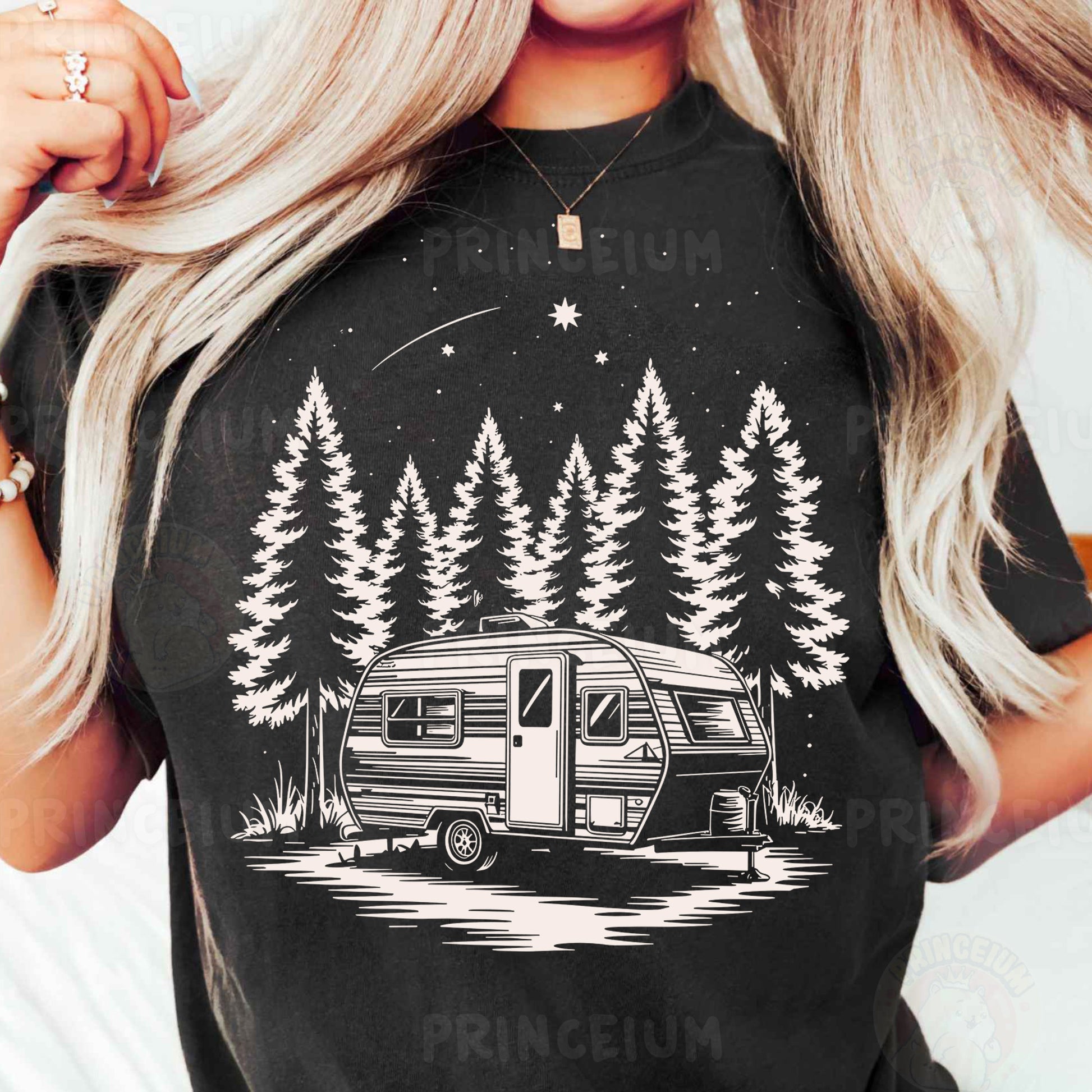a woman wearing a black shirt with a camper on it