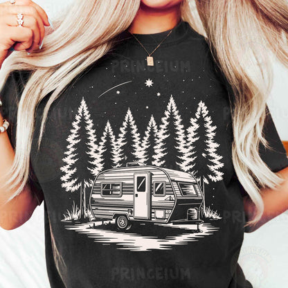 a woman wearing a black shirt with a camper on it