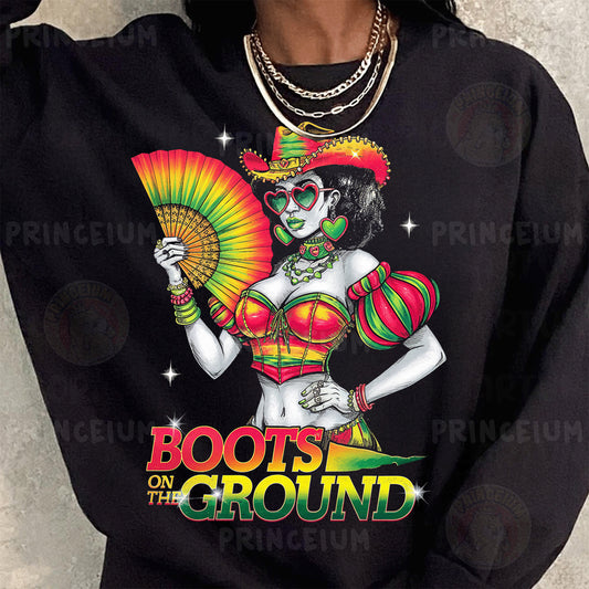 a woman wearing a black shirt with a picture of a woman holding a fan