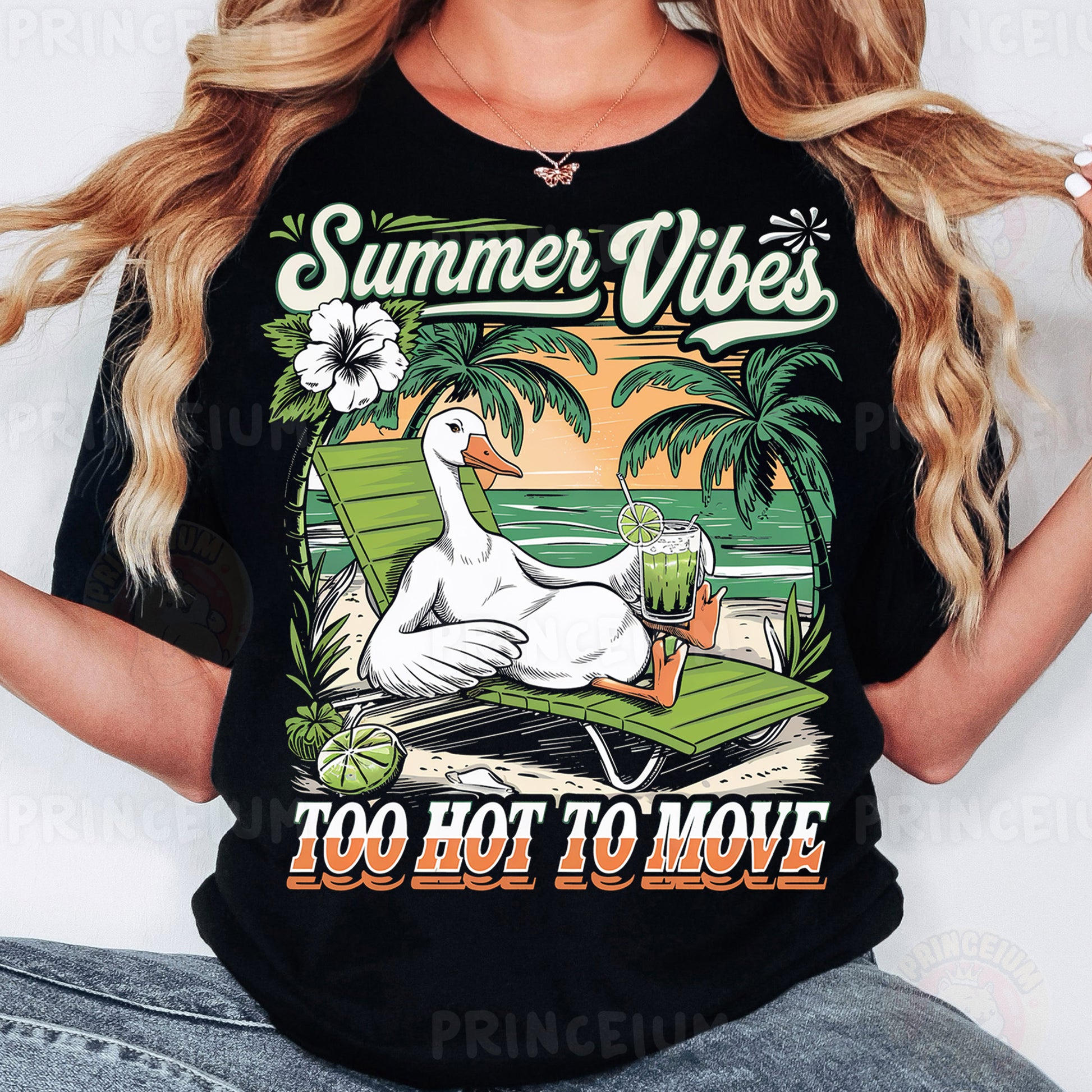 a woman wearing a black shirt that says summer vibes too hot to move