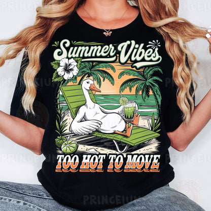 a woman wearing a black shirt that says summer vibes too hot to move