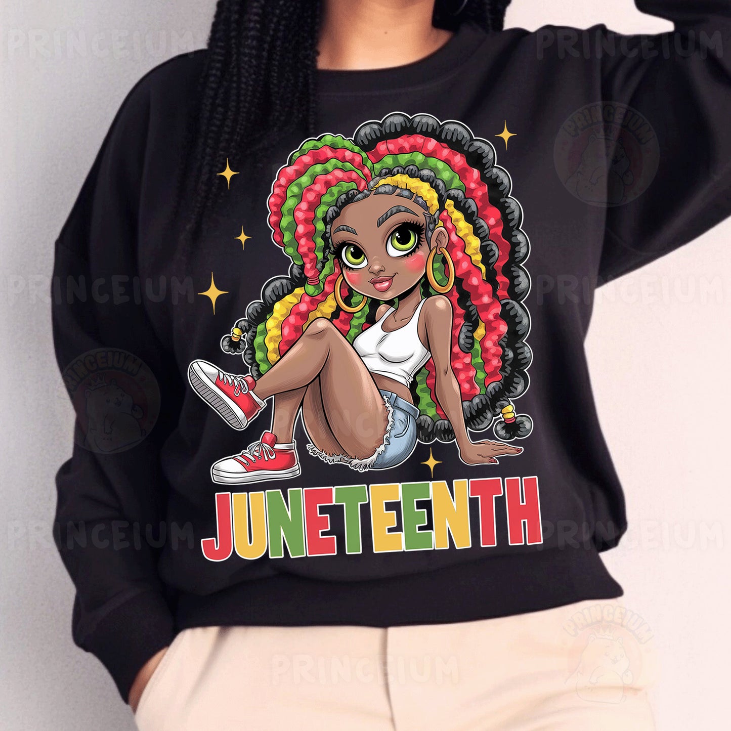 a woman wearing a black sweater with a picture of a black woman on it