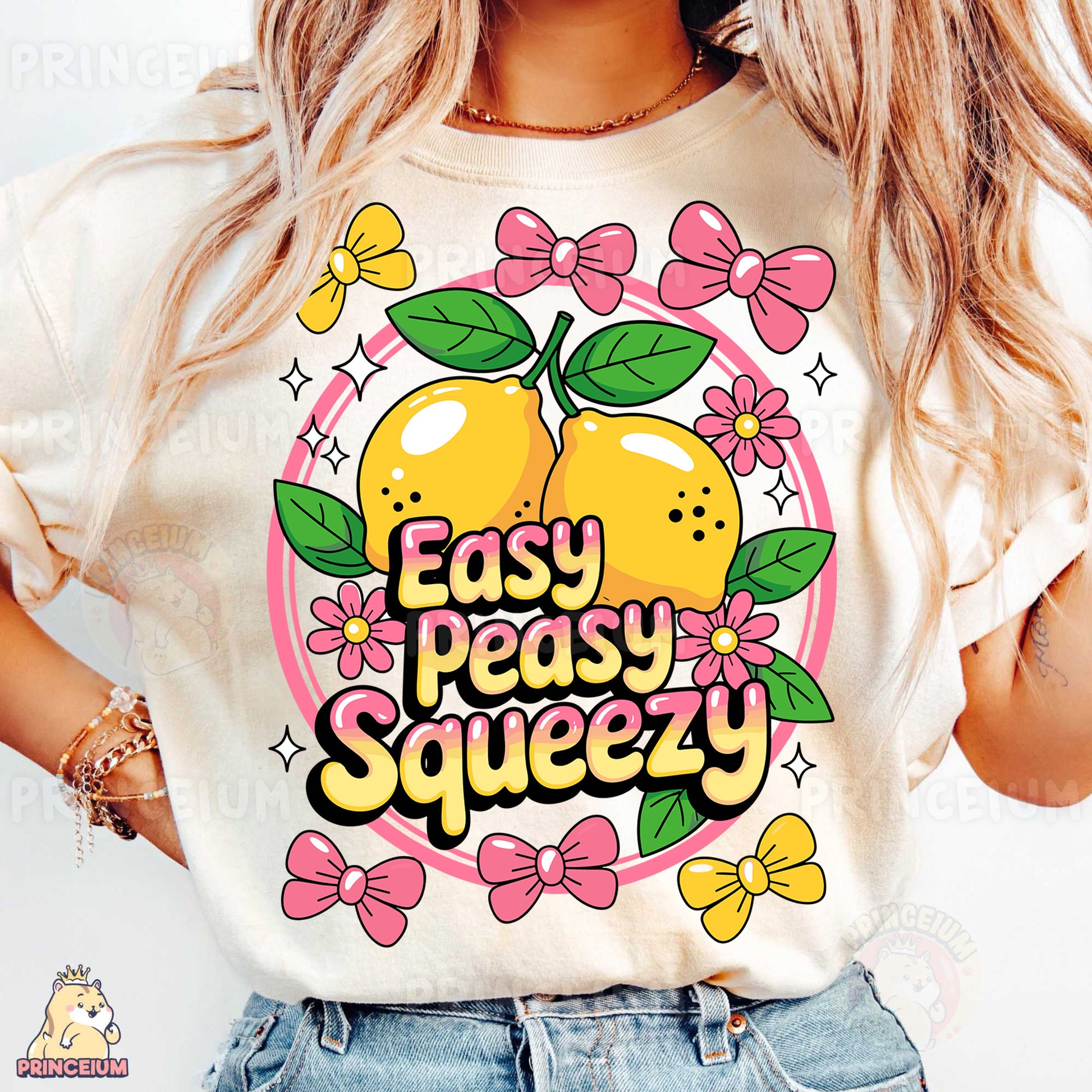 a woman wearing a t - shirt that says easy peasy squeezey
