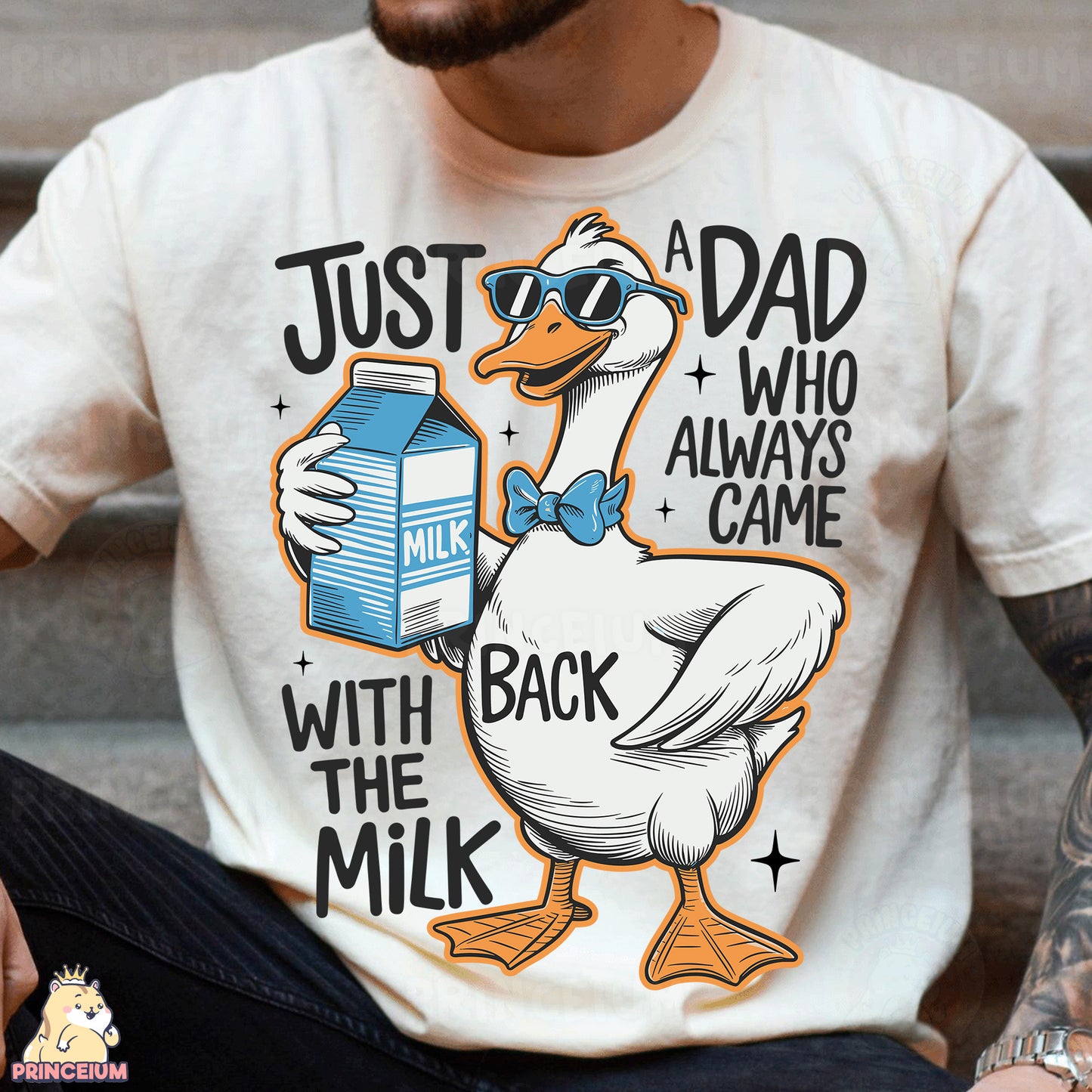 a man wearing a t - shirt with a duck holding a milk carton