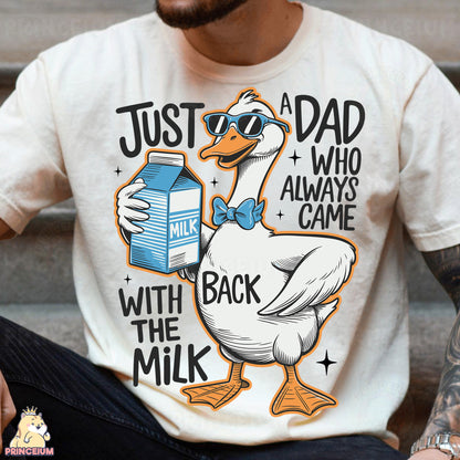 a man wearing a t - shirt with a duck holding a milk carton