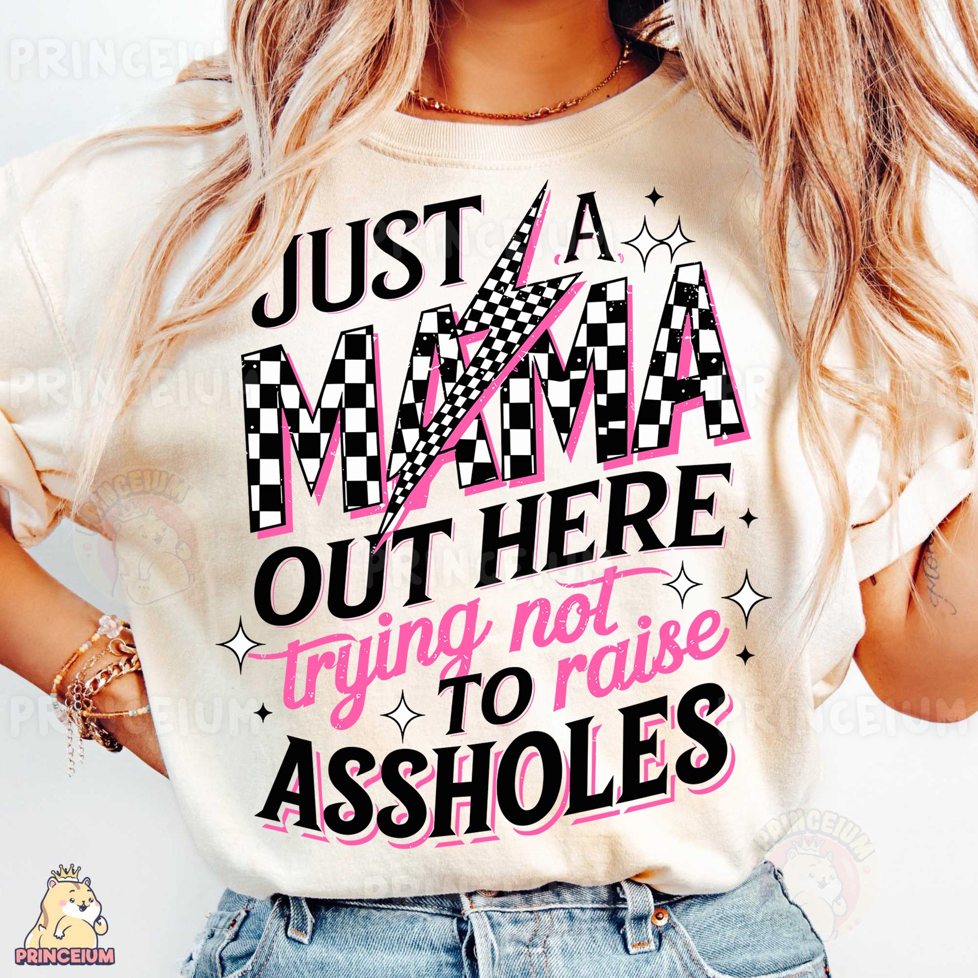 a woman wearing a t - shirt that says just a mama out here trying not