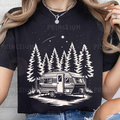 a woman wearing a black shirt with a camper on it
