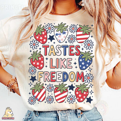 a woman wearing a t - shirt that says tastes like freedom