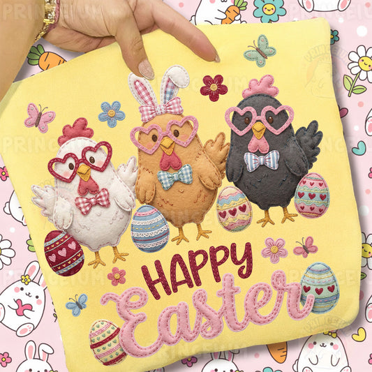 Happy Easter PNG, Cute Chickens with Heart Glasses, Patchwork Farm Easter Clipart