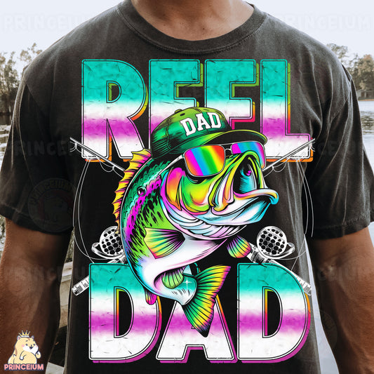 a man wearing a t - shirt that says reel dad