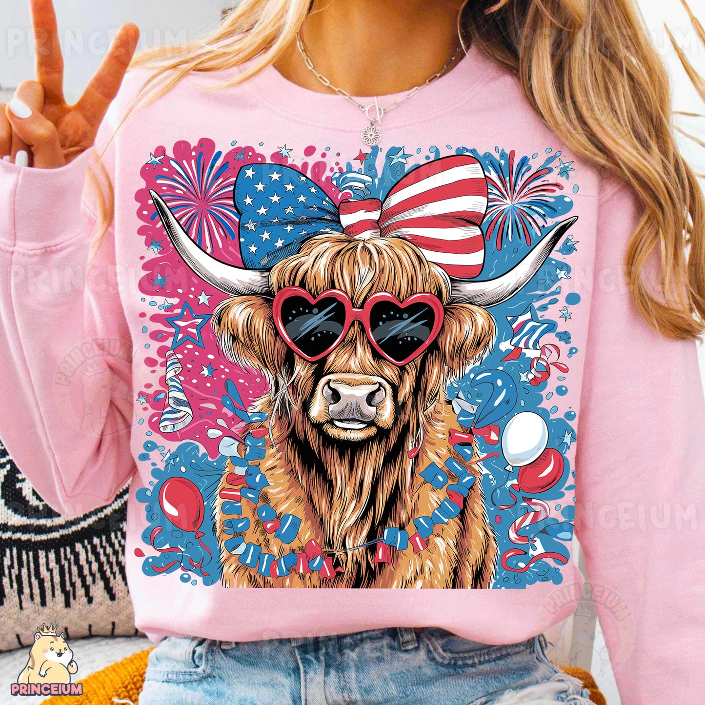 a woman wearing a pink shirt with a cow wearing sunglasses