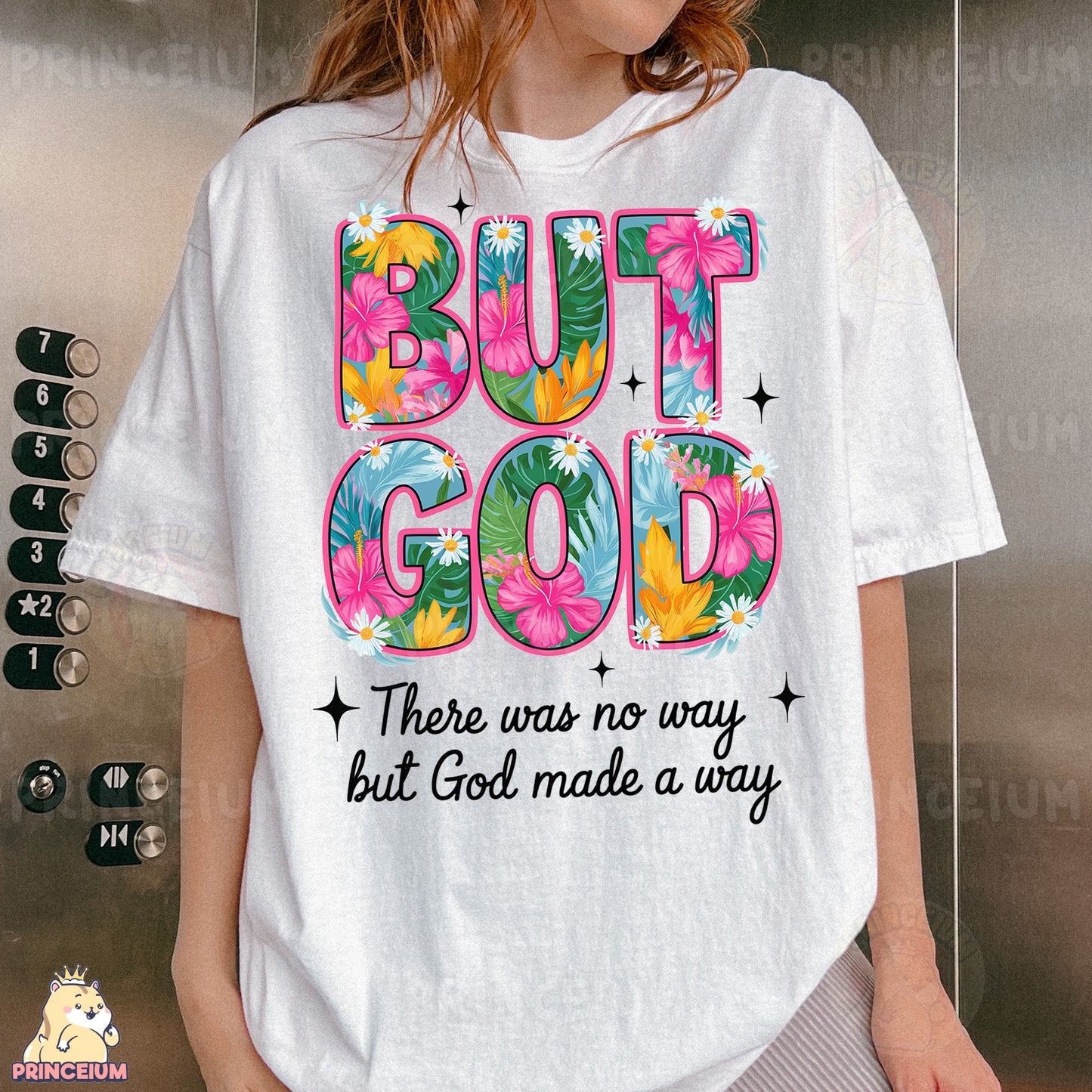 a woman wearing a t - shirt that says but god there was no way but