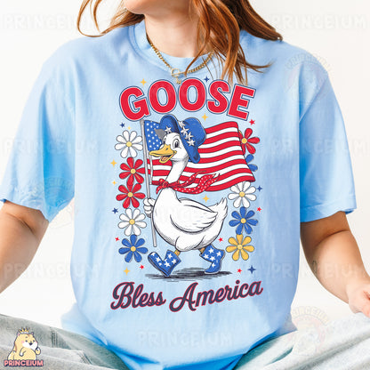 a girl wearing a goose t - shirt with an american flag