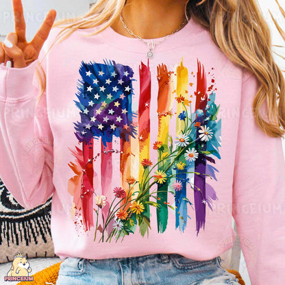 a woman wearing a pink shirt with an american flag painted on it
