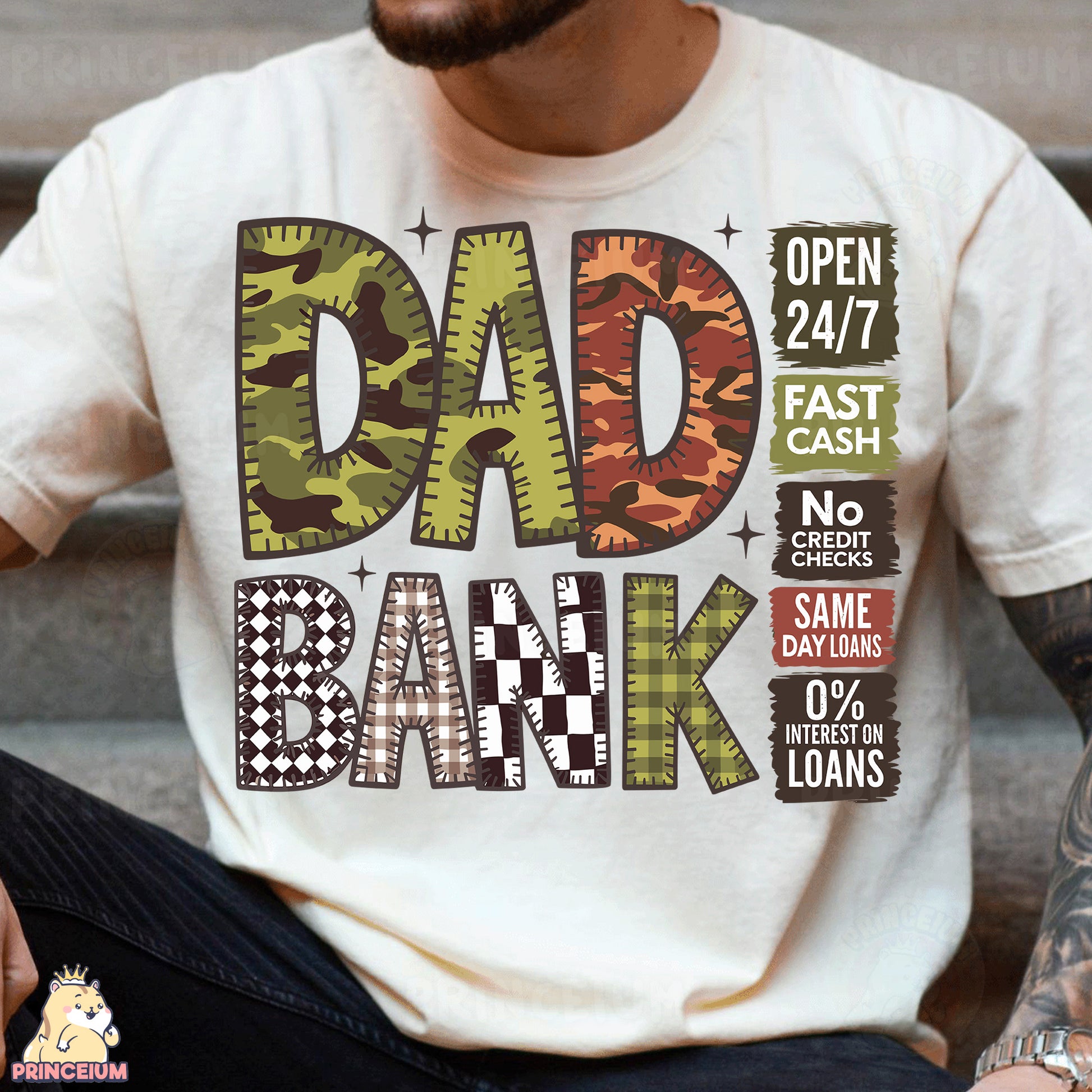a man sitting down wearing a shirt that says dad bank