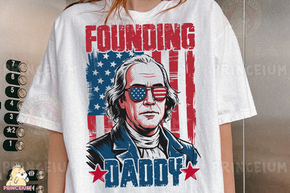 a woman wearing a t - shirt with an image of a man with glasses on