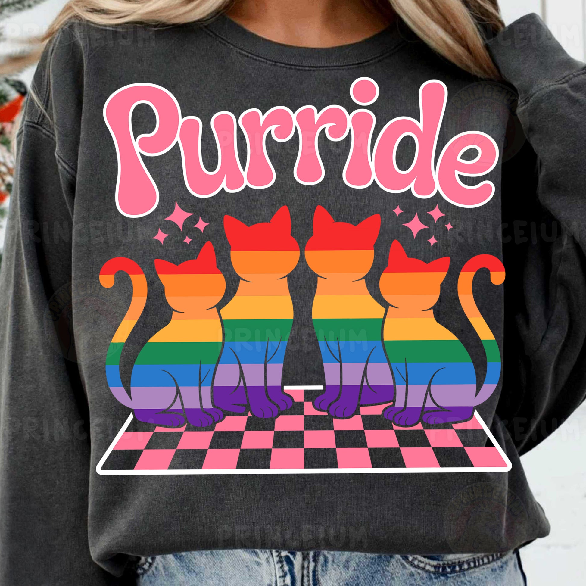 a woman wearing a sweatshirt with cats on it