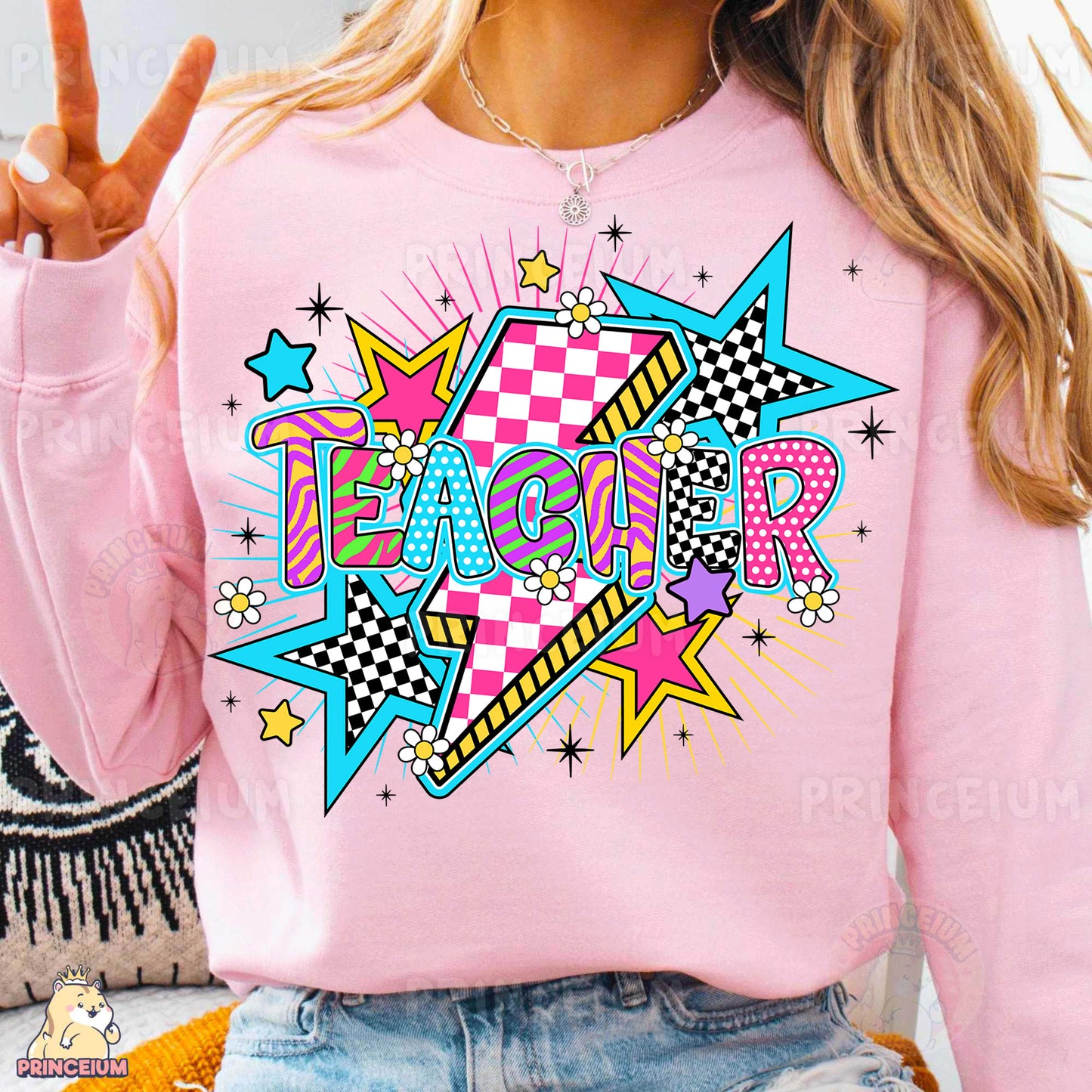 a woman wearing a pink teacher shirt with stars